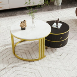 Matteo 2-In-1 Round Coffee Table Set - White Marble Effect & Black Gloss - thumbnail 6