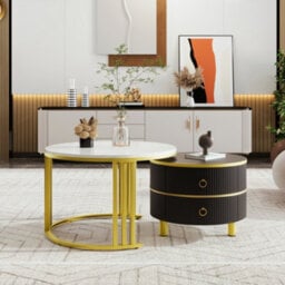 Matteo 2-In-1 Round Coffee Table Set - White Marble Effect & Black Gloss - thumbnail 1