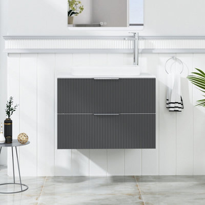 Royal Bathrooms Evora 700mm Graphite Grey Fluted Wall Hung Countertop Vanity Unit 2 Drawer With Qubix Basin - image 1