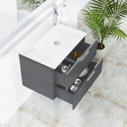 Royal Bathrooms Evora 700mm Graphite Grey Fluted Wall Hung Countertop Vanity Unit 2 Drawer With Qubix Basin - thumbnail 3
