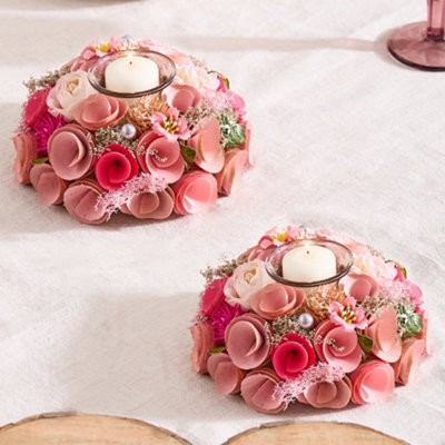 Dibor Set Of 2 Floral Pink Table Decoration Christmas Candle Holders - image 1