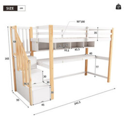 Matteo White & Natural Pine Wood Children's Loft Bunk Bed With Desk & Storage Stairs, 90X190Cm - thumbnail 5