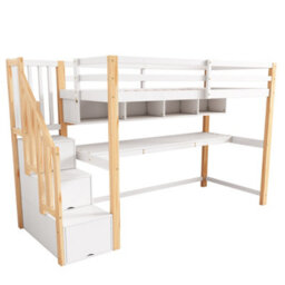 Matteo White & Natural Pine Wood Children's Loft Bunk Bed With Desk & Storage Stairs, 90X190Cm - thumbnail 8