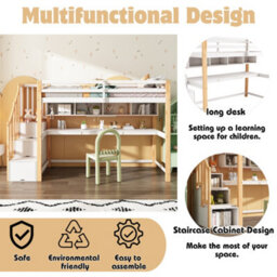 Matteo White & Natural Pine Wood Children's Loft Bunk Bed With Desk & Storage Stairs, 90X190Cm - thumbnail 4