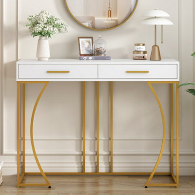 Btm Console Table 110X32X85Cm 2 Drawers Light Luxury Sofa Hallway Side Table White Gold Modern Storage Furniture - image 1