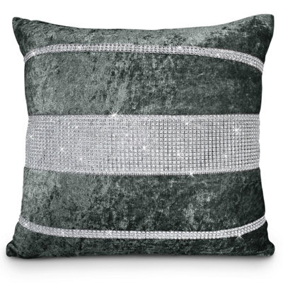 Intimates Luxurious Crushed Velvet Cushion, Diamante Detail - Zip Closure, Machine Washable - Charcoal
