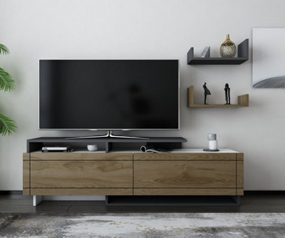 Decorotika Tamy Tv Stand Tv Cabinet Tv Unit With Two Cabinets And Wall Mounted Shelves White Walnut Anthracite - image 1