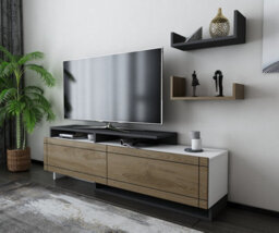 Decorotika Tamy Tv Stand Tv Cabinet Tv Unit With Two Cabinets And Wall Mounted Shelves White Walnut Anthracite - thumbnail 2