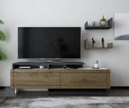 Decorotika Tamy Tv Stand Tv Cabinet Tv Unit With Two Cabinets And Wall Mounted Shelves White Walnut Anthracite