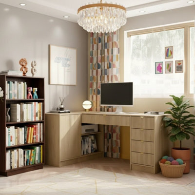 Tireno Cremona Oak Corner Desk With Fluted Drawers Modern Computer Desk For Home Office Study Bedroom And Teen Room - image 1