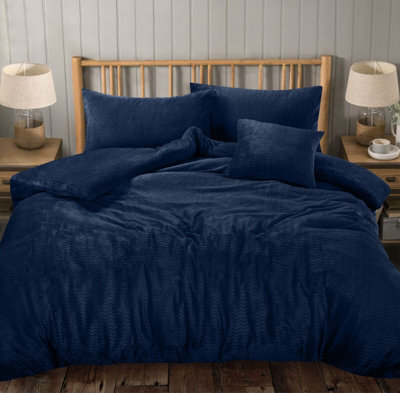 Homes & Linen Teddy Wave Fleece Duvet Cover Set Warm Cosy Soft Teddy Bear Wavy Bedding Set-Navy