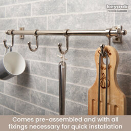 Keypak Metal Kitchen Rail Rack, 4 Satin Nickel Hooks, Wall-Mounted Utensil & Mug Hanger - thumbnail 4