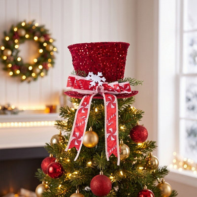 Living And Home Red Sequin Christmas Tree Topper Hat With Bow Snowflake Festive Xmas Tree Top Decoration - image 1