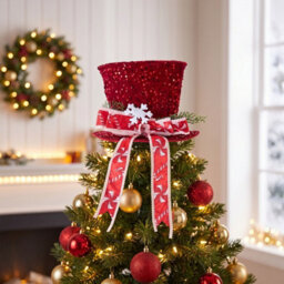 Living And Home Red Sequin Christmas Tree Topper Hat With Bow Snowflake Festive Xmas Tree Top Decoration - thumbnail 1