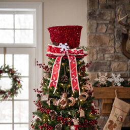 Living And Home Red Sequin Christmas Tree Topper Hat With Bow Snowflake Festive Xmas Tree Top Decoration - thumbnail 2