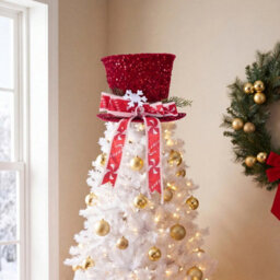 Living And Home Red Sequin Christmas Tree Topper Hat With Bow Snowflake Festive Xmas Tree Top Decoration - thumbnail 3