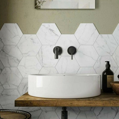 Top Ceramics White Marble Matt Hexagon Floor Wall Tile (L)22.5Cm X (W)22.9Cm Each Box 0.87Sqm - image 1