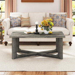 Coffee Table Solid Rubber Wood X-Shaped Base Gray - thumbnail 5
