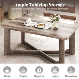 Coffee Table Solid Rubber Wood X-Shaped Base Gray - thumbnail 4