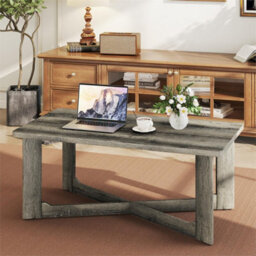 Coffee Table Solid Rubber Wood X-Shaped Base Gray - thumbnail 6