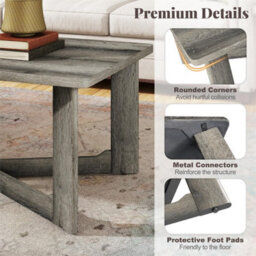 Coffee Table Solid Rubber Wood X-Shaped Base Gray - thumbnail 3