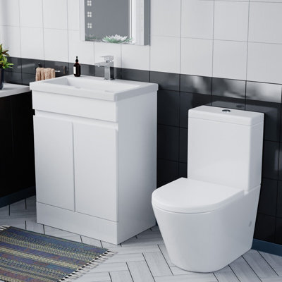 Nes Home Flat Pack 600mm Gloss White Basin Vanity & Close Coupled Rimless Toilet Set - image 1
