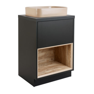 Homestylestore Dark Oak 600mm Led Lit Bathroom Vanity Unit Rectangular Sand Basin Open Shelf - image 1