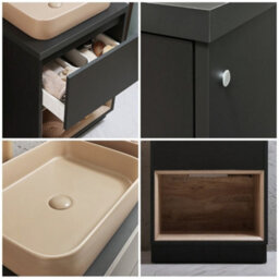 Homestylestore Dark Oak 600mm Led Lit Bathroom Vanity Unit Rectangular Sand Basin Open Shelf - thumbnail 2