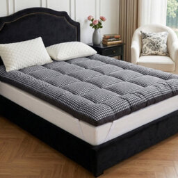 Darphe King Size Quilted Mattress Topper Grey Checked Polyester Thick 10Cm Padding - thumbnail 3