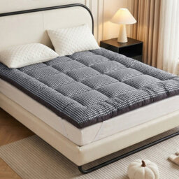 Darphe King Size Quilted Mattress Topper Grey Checked Polyester Thick 10Cm Padding - thumbnail 2