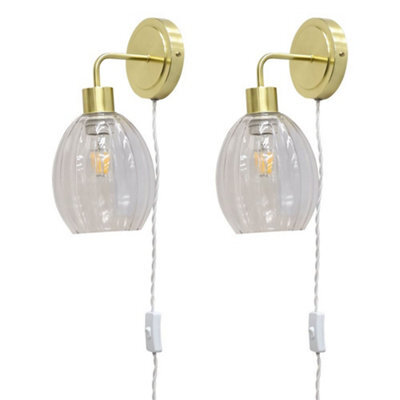 First Choice Lighting Set Of 2 Toby - Satin Brass Plug In Wall Lights Fluted Shades - image 1