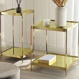 Beliani Compact Side Table 29 X 29 Cm Gold - Tempered Glass Top With Lower Shelf - thumbnail 2
