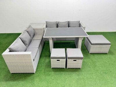Fimous Rattan Garden Furniture Dining Set 9-Seater Patio Rectangular Table Sofa Set With Side Table 3 Stools Light Grey - image 1