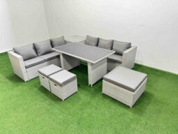 Fimous Rattan Garden Furniture Dining Set 9-Seater Patio Rectangular Table Sofa Set With Side Table 3 Stools Light Grey - thumbnail 2