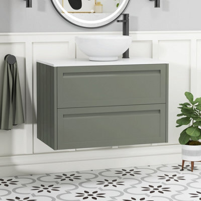 Royal Bathrooms Royal Bathroom Elmore 800mm Matt Green Wall Mounted Bathroom Vanity Unit 2 Drawer Plain White Worktop With Breeze Basin - image 1