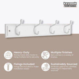 Keypak 4-Hook Wall-Mounted Coat Rack, 45Cm - White Wooden Board, White Coat Hooks - Fixings Included - thumbnail 2