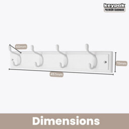 Keypak 4-Hook Wall-Mounted Coat Rack, 45Cm - White Wooden Board, White Coat Hooks - Fixings Included - thumbnail 3