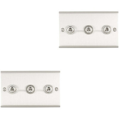 Loops 2 Pack 3 Gang Triple Retro Toggle Light Switch Satin Steel 10A 2 Way Wall Plate - image 1