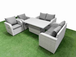 Fimous 6 Seater Outdoor Reclining Chair Love Sofa Set Rattan Garden Furniture Set Adjustable Lifting Table Light Grey - thumbnail 2