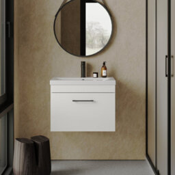 Rio 1 Drawer Wall Hung Vanity Basin Unit - 600mm - Gloss White With Square Black D-Shaped Handle (Tap Not Included) - Balterley - thumbnail 2