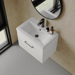Rio 1 Drawer Wall Hung Vanity Basin Unit - 600mm - Gloss White With Square Black D-Shaped Handle (Tap Not Included) - Balterley - thumbnail 3