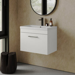 Rio 1 Drawer Wall Hung Vanity Basin Unit - 600mm - Gloss White With Square Black D-Shaped Handle (Tap Not Included) - Balterley - thumbnail 6