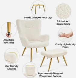 Accent Chair And Ottoman Set Armchair With Footstool With Golden Metal Legs - thumbnail 7