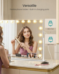 LEDREM Vanity Makeup Mirror With Lights, Charging Ports, 18 Dimmable Led Bulbs, 3 Colour Temperatures, Matte White - thumbnail 7