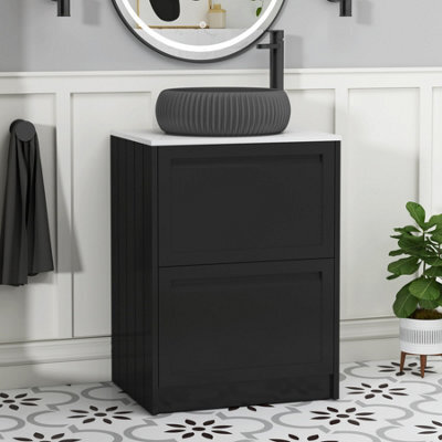 Royal Bathrooms Royal Bathroom Elmore 600mm Nocturne Black Freestanding Bathroom Vanity Unit 2 Drawer Plain White Worktop With Milan Black Basin - image 1