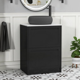 Royal Bathrooms Royal Bathroom Elmore 600mm Nocturne Black Freestanding Bathroom Vanity Unit 2 Drawer Plain White Worktop With Milan Black Basin - thumbnail 1