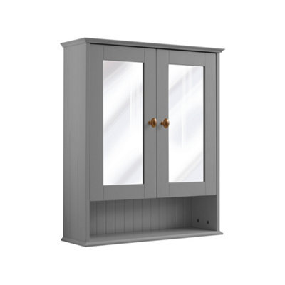 Homestylestore 650 X 750mm Light Grey Wall Mounted Mirrored Door Bathroom Cabinet And Brushed Copper Round Handles - image 1