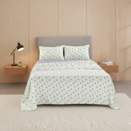 Soft Flower Print Brushed Cotton Fitted Flat Sheet And Matching Pillowcases Purple