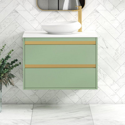 Royal Bathrooms Orion 800mm Mint Sage Wall Hung Plain White Countertop Vanity Unit 2 Drawer With Nova Basin & Brushed Brass Accent Trim - image 1