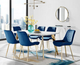 Furniturebox Andria White Marble Effect & Gold Leg Dining Table & 6 Navy Pesaro Gold Leg Velvet Dining Chairs
